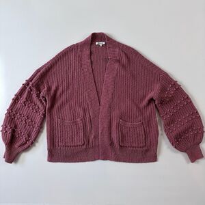Madewell Bobble Pom Poms Balloon Sleeve Knit Cardigan Sweater Pink Size Large